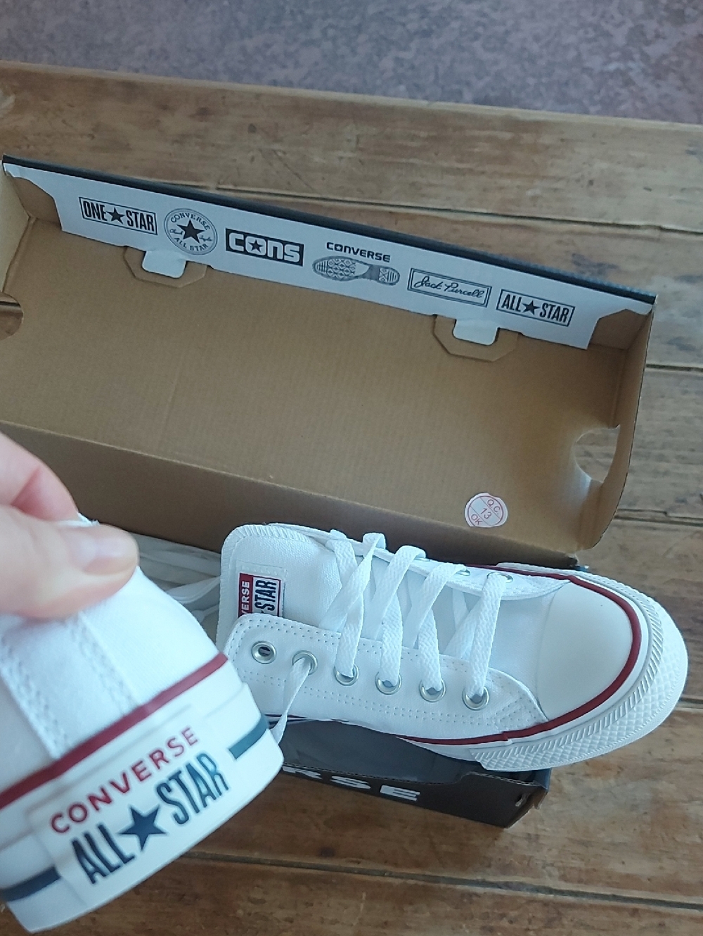 Converse Women White Low Top Sneakers with Red & Blue Stripe
